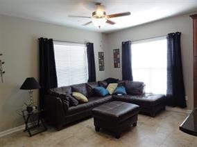 living room with ceiling fan