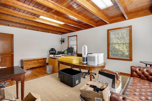 office with wood ceiling, beam ceiling, and hardwood / wood-style floors