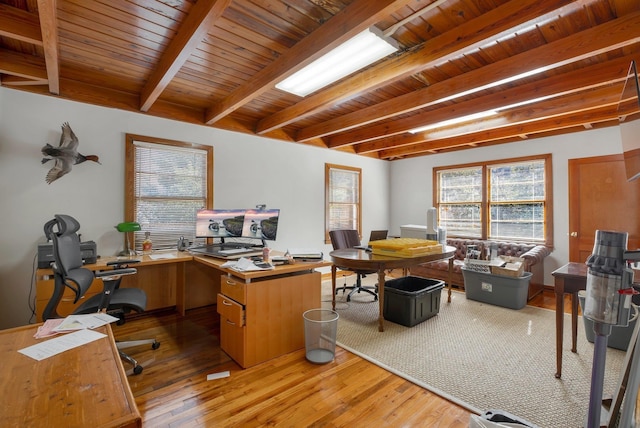 office area featuring beamed ceiling, wooden ceiling, and light wood-type flooring