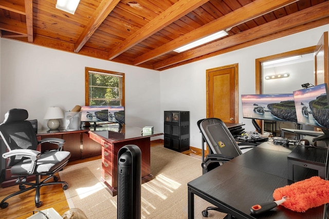 office featuring wood ceiling, light hardwood / wood-style floors, and beamed ceiling