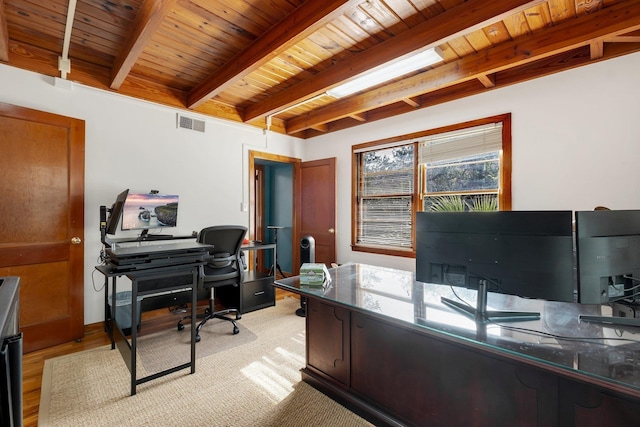 home office featuring beamed ceiling and wood ceiling