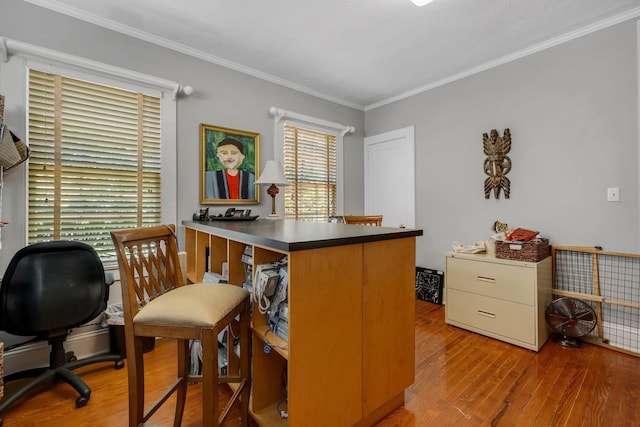 interior space with ornamental molding and light hardwood / wood-style floors