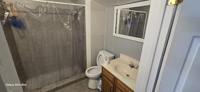 bathroom with walk in shower, vanity, toilet, and tile patterned flooring