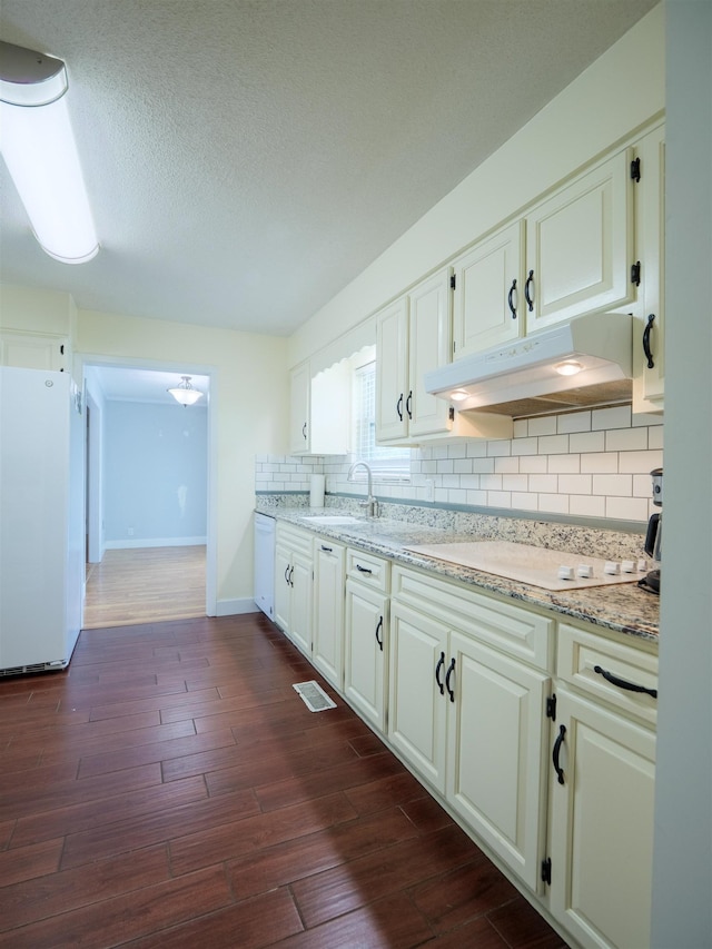 405 NW Whispering Pines Loop, Madison, FL 32340 - kitchen with white appliances, under cabinet range hood, dark wood-style flooring, tasteful backsplash, and white cabinetry