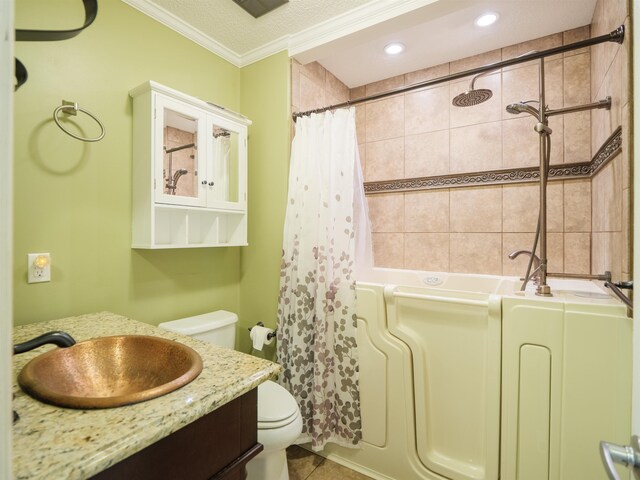 405 NW Whispering Pines Loop, Madison, FL 32340 - bathroom with shower / tub combo with curtain, vanity, ornamental molding, recessed lighting, and tile patterned floors