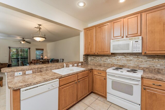 kitchen featuring sink, kitchen peninsula, ceiling fan, decorative light fixtures, and white appliances