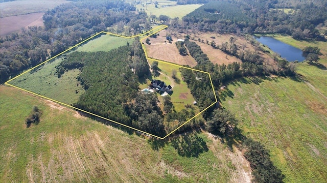 bird's eye view featuring a water view and a rural view