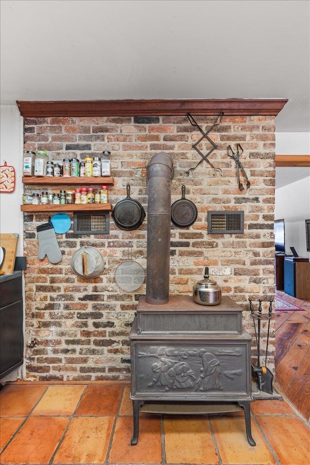 interior details with a wood stove