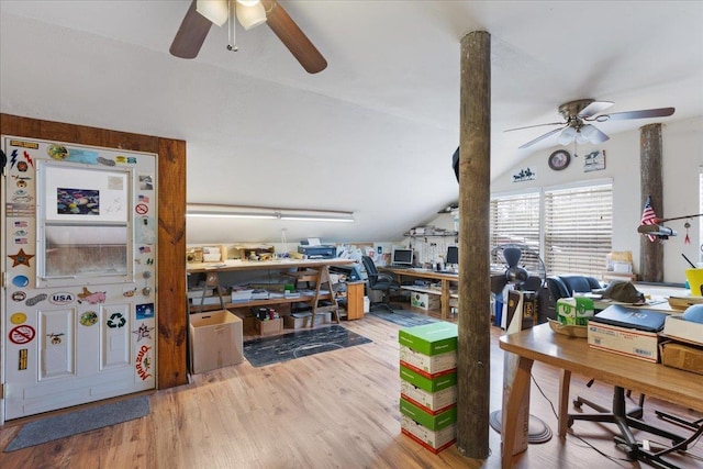 interior space featuring hardwood / wood-style flooring, lofted ceiling, and ceiling fan