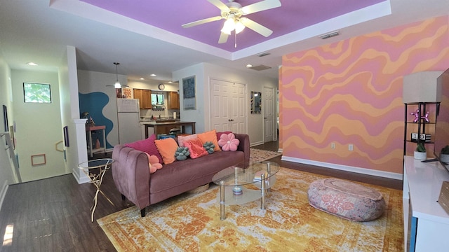 2301 Timber Oaks Ln Bldg 2, Tallahassee, FL 32304 - living area featuring ceiling fan, dark wood-type flooring, a tray ceiling, baseboards, and recessed lighting