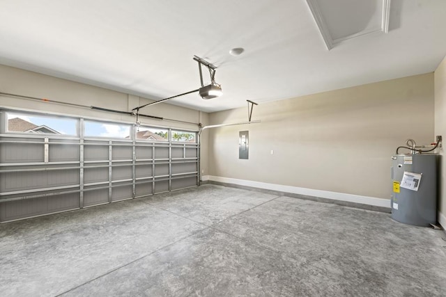 garage with electric panel, a garage door opener, and water heater