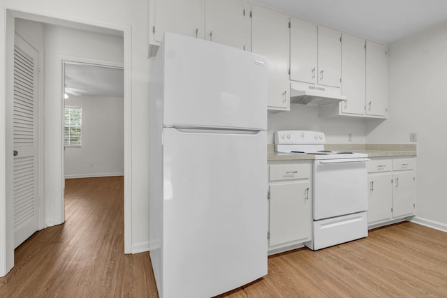 5804 Old Forge Ct, Tallahassee, FL 32317 - kitchen with white appliances, under cabinet range hood, light wood-style floors, and light countertops