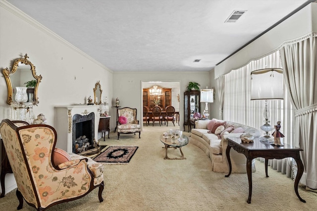 living room with crown molding and carpet flooring