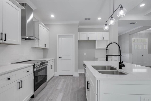 10096 Green Fountain Rd, Tallahassee, FL 32305 - kitchen featuring appliances with stainless steel finishes, wall chimney range hood, a sink, crown molding, and light wood finished floors