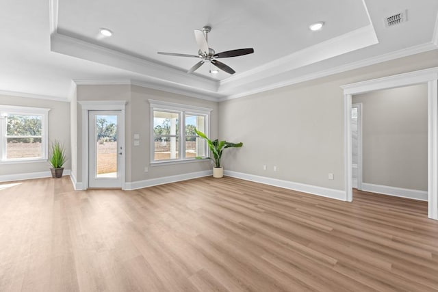 spare room featuring a healthy amount of sunlight, a tray ceiling, and light hardwood / wood-style floors