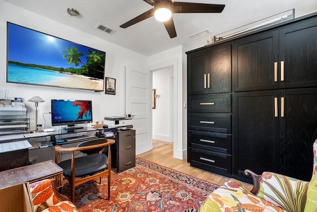 office space featuring ceiling fan and light hardwood / wood-style flooring