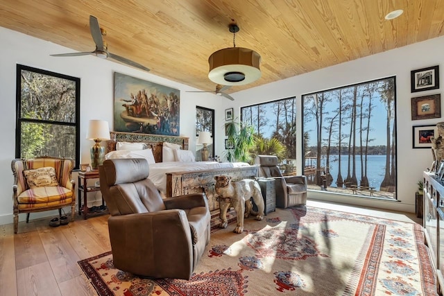 bedroom with ceiling fan, light hardwood / wood-style flooring, a water view, and wood ceiling