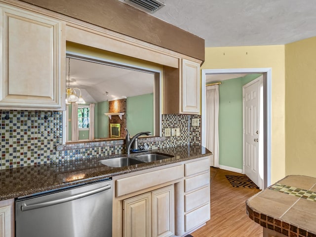 kitchen featuring visible vents, tasteful backsplash, stainless steel dishwasher, a sink, and light wood-style floors