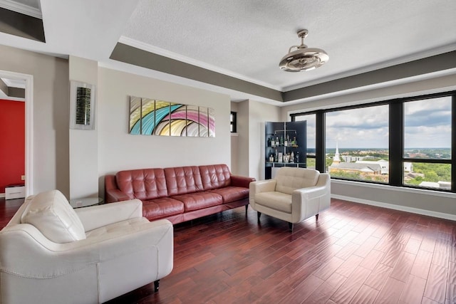 121 N Monroe St Unit 1207, Tallahassee, FL 32301 - living area featuring a raised ceiling, crown molding, dark wood-type flooring, and a textured ceiling