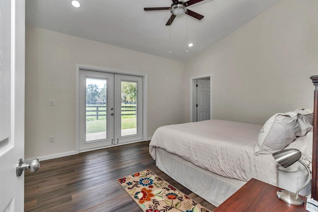 bedroom featuring access to exterior, dark wood-style flooring, french doors, vaulted ceiling, and baseboards