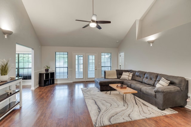 1989 Setting Sun Trl, Tallahassee, FL 32303 - living room featuring high vaulted ceiling, a ceiling fan, and wood finished floors