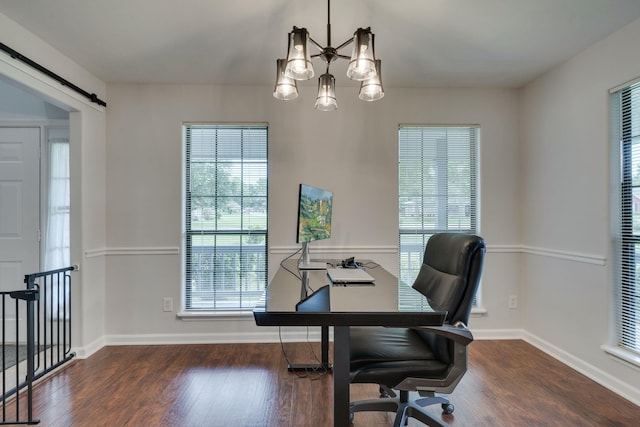 1989 Setting Sun Trl, Tallahassee, FL 32303 - office area featuring wood finished floors, a chandelier, and healthy amount of natural light