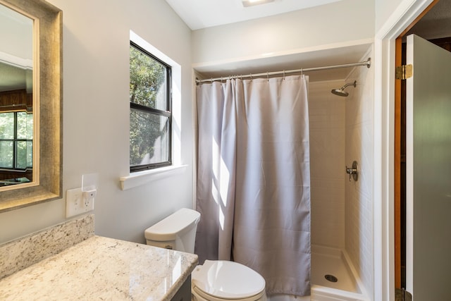full bathroom with a shower stall, toilet, and vanity