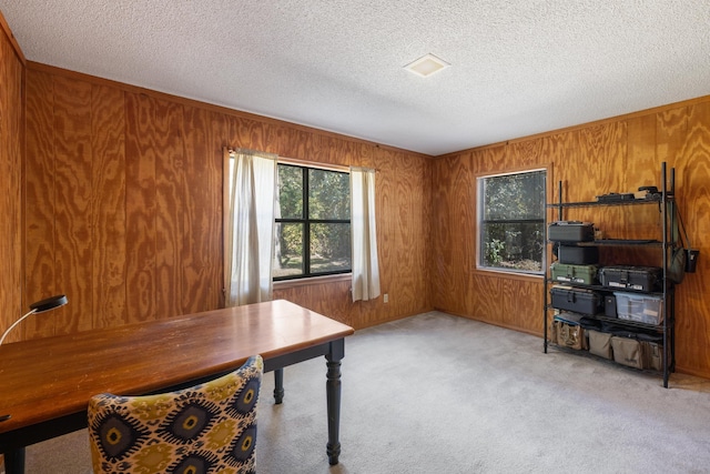 carpeted home office featuring a textured ceiling and wood walls