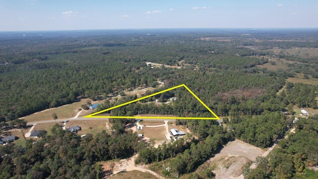 birds eye view of property featuring a wooded view