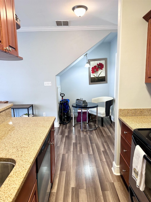 kitchen with visible vents, dark wood-style floors, appliances with stainless steel finishes, light stone counters, and crown molding