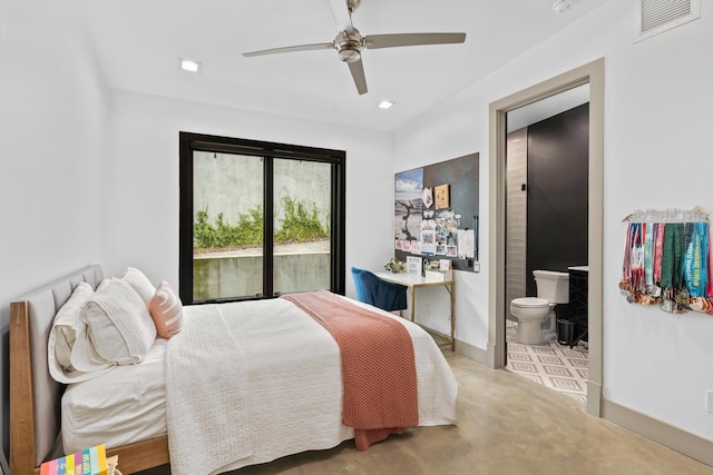 719 Middlebrooks Cir, Tallahassee, FL 32312 - carpeted bedroom with ensuite bathroom, a ceiling fan, and access to outside