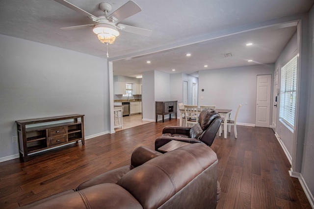 4514 Hickory Forest Cir, Tallahassee, FL 32303 - living room featuring ceiling fan, wood finished floors, baseboards, and recessed lighting