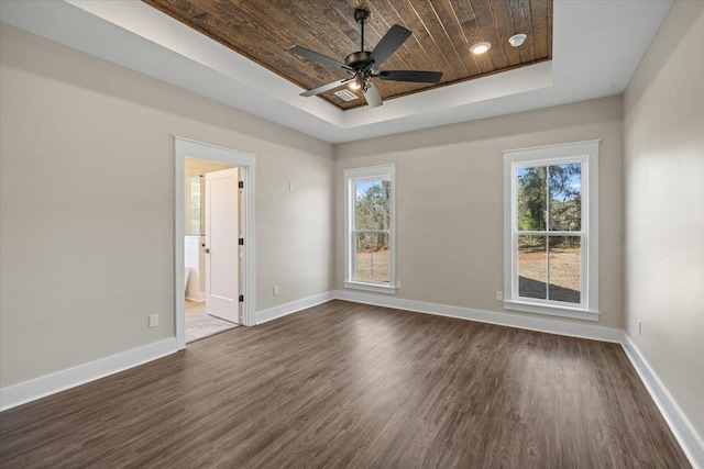 unfurnished room with a tray ceiling, ceiling fan, dark wood-type flooring, and wood ceiling