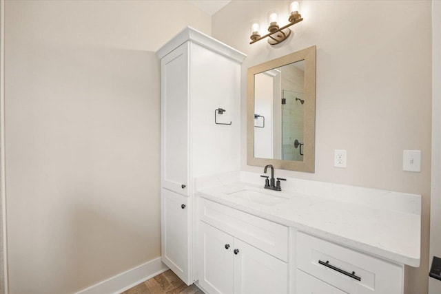 bathroom featuring vanity and walk in shower