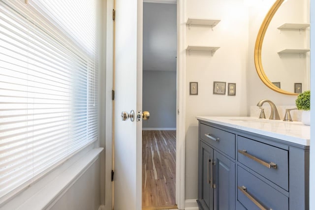 bathroom with wood-type flooring and vanity