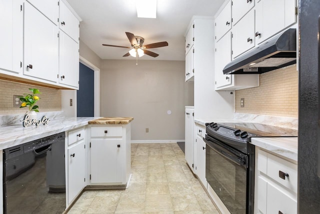 kitchen featuring white cabinets, ceiling fan, black appliances, and decorative backsplash