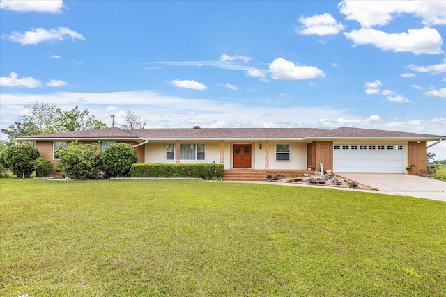 single story home with a front yard and a garage