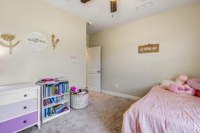 bedroom with ceiling fan and carpet flooring