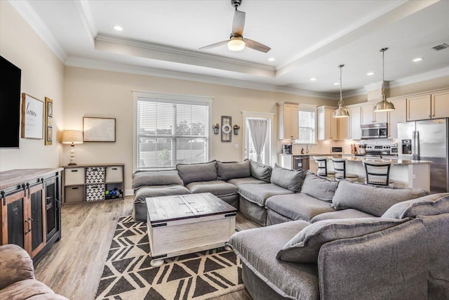 living room featuring ceiling fan, a tray ceiling, a healthy amount of sunlight, and light wood-type flooring