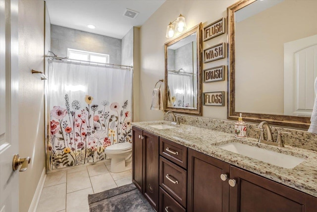 full bathroom with toilet, vanity, tile patterned flooring, and shower / tub combo with curtain