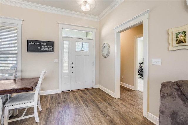 foyer entrance featuring dark wood-type flooring and crown molding