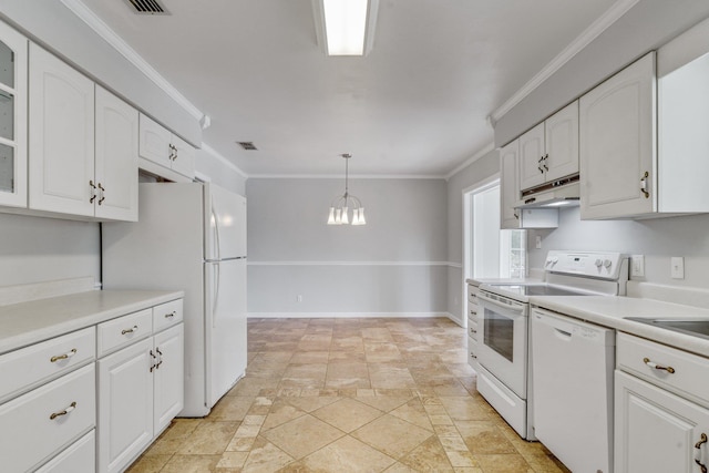 kitchen featuring white cabinetry, decorative light fixtures, and white appliances