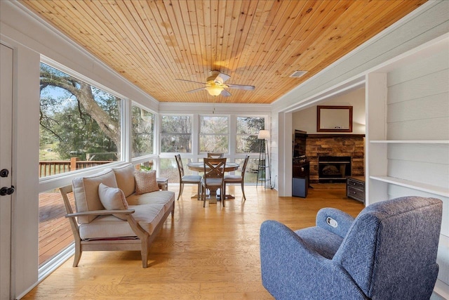 sunroom / solarium featuring wood ceiling, a fireplace, visible vents, and ceiling fan