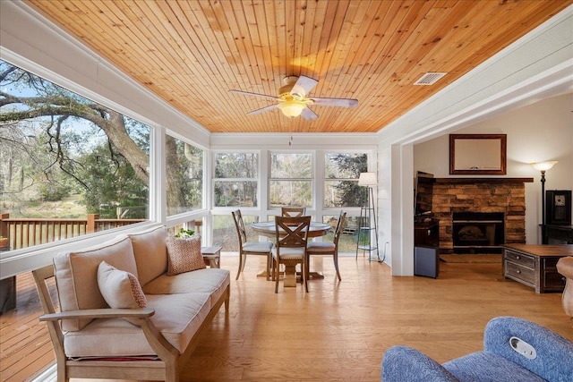 sunroom featuring wooden ceiling, visible vents, a fireplace, and ceiling fan