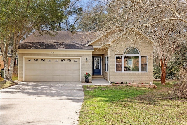 ranch-style house featuring a garage, a front yard, concrete driveway, and brick siding