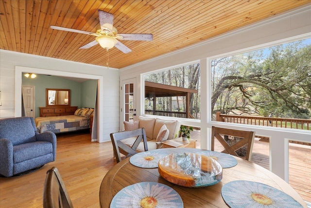 sunroom with wooden ceiling and a ceiling fan