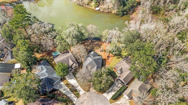 birds eye view of property featuring a water view and a residential view