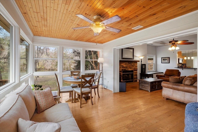 living area with a stone fireplace, visible vents, wood ceiling, a ceiling fan, and light wood finished floors