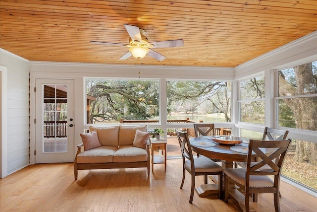 sunroom / solarium featuring wooden ceiling and ceiling fan