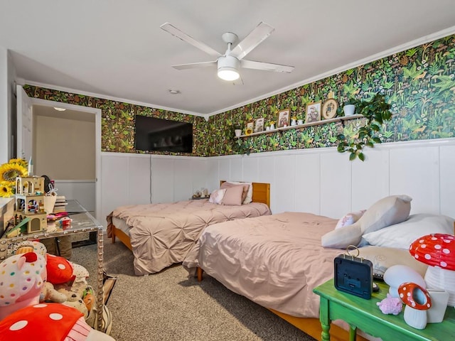 bedroom featuring carpet flooring, ceiling fan, and ornamental molding